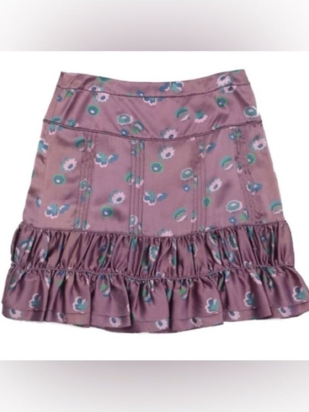 Marc Jacobs Mauve 100% Silk Floral Print Ruffled Pintucked Mini Skirt